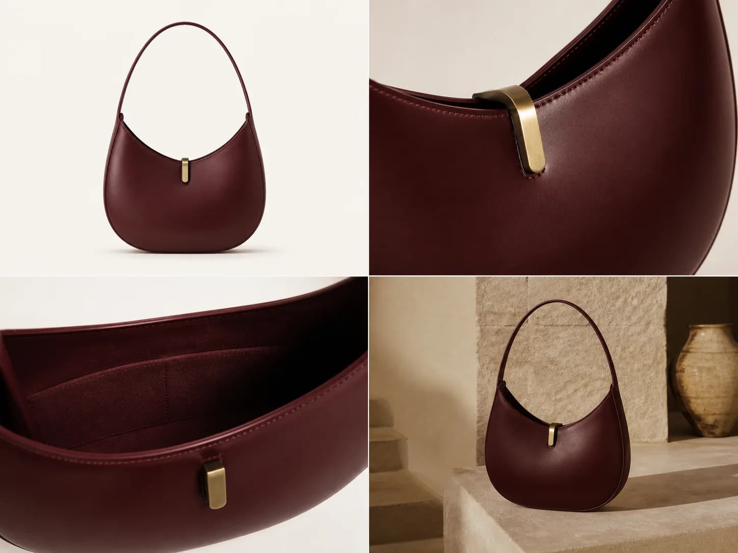 Product demonstration of a burgundy handbag ecommerce listing set
