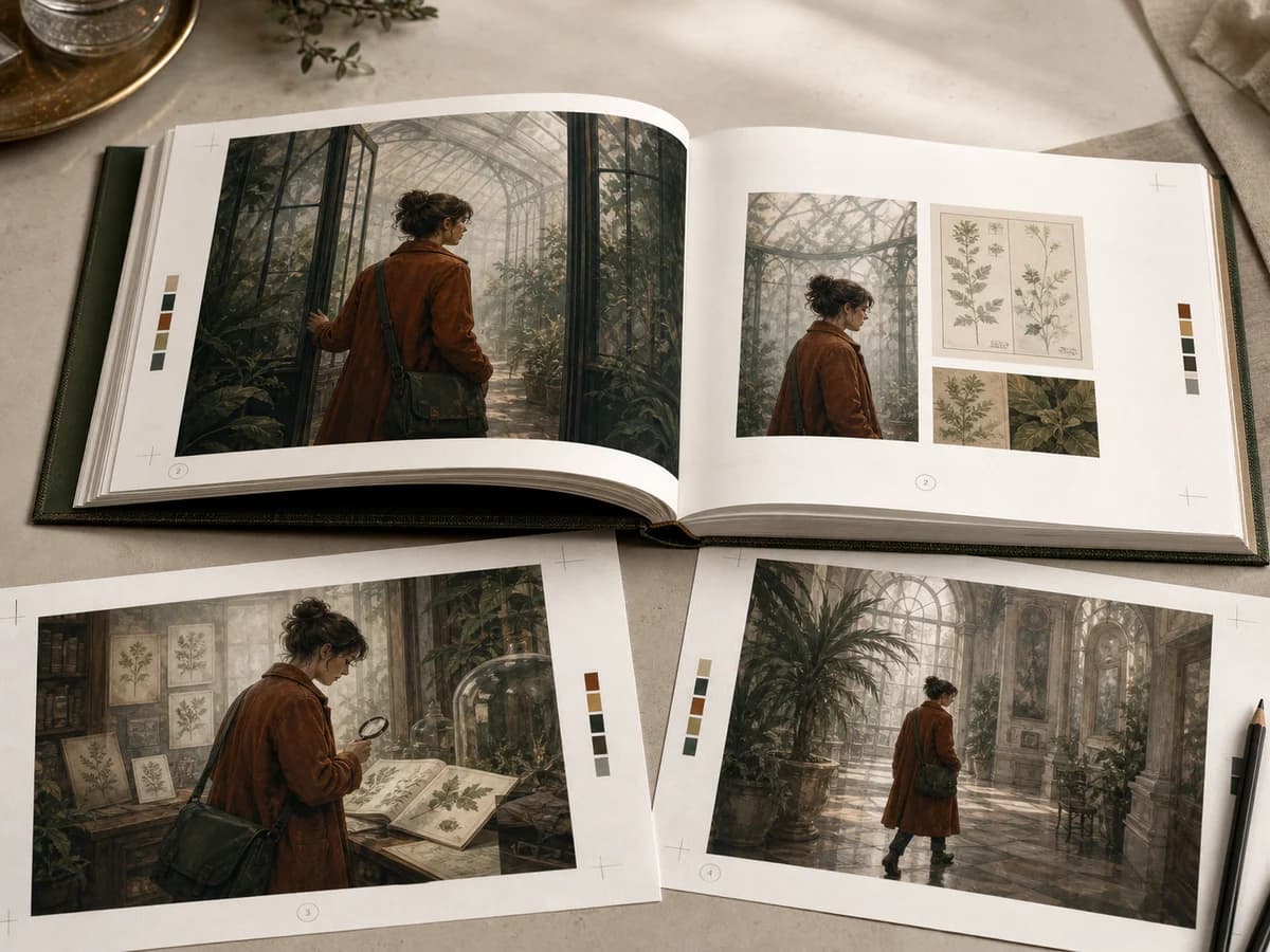 Multi-page illustrated narratives with stable characters